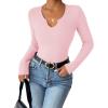 Zeagoo Womens Long Sleeve Shirts V-Neck Rib Knit Slim Fit Tops Casual Stretch Basic Tee Going Out Top Fall Fashion 2025(Pink)