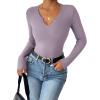 Zeagoo Womens Long Sleeve Shirts V-Neck Rib Knit Slim Fit Tops Casual Stretch Basic Tee Going Out Top Fall Fashion 2025(Purple)