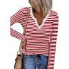Zeagoo Womens Long Sleeve Shirts V-Neck Rib Knit Slim Fit Tops Casual Stretch Basic Tee Going Out Top Fall Fashion 2025(Red White Stripe)