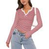 Zeagoo Womens Long Sleeve Shirts V-Neck Rib Knit Slim Fit Tops Casual Stretch Basic Tee Going Out Top Fall Fashion 2025(Red White Stripe)