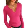 Zeagoo Womens Long Sleeve Shirts V-Neck Rib Knit Slim Fit Tops Casual Stretch Basic Tee Going Out Top Fall Fashion 2025(Rose Red)