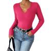 Zeagoo Womens Long Sleeve Shirts V-Neck Rib Knit Slim Fit Tops Casual Stretch Basic Tee Going Out Top Fall Fashion 2025(Rose Red)