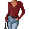 Zeagoo Womens Long Sleeve Shirts V-Neck Rib Knit Slim Fit Tops Casual Stretch Basic Tee Going Out Top Fall Fashion 2025(Wine Red)