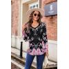 Zeagoo Women’s Puff Long Sleeve Shirts Pleated V Neck Fall Tunic Tops Blouse Dressy Casual Summer T-Shirts(Black Pink Floral)