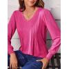 Zeagoo Women’s Puff Long Sleeve Shirts Pleated V Neck Fall Tunic Tops Blouse Dressy Casual Summer T-Shirts(Hot Pink)