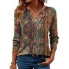 ZEAGOO Womens Spring Tops Henley V Neck Shirts Long Sleeve Pleated Blouses Dressy Casual Tunic 2026 Basic Tees(Ethnic Floral)