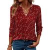 ZEAGOO Womens Spring Tops Henley V Neck Shirts Long Sleeve Pleated Blouses Dressy Casual Tunic 2026 Basic Tees(Red White)