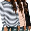 Zeagoo 3 Pack Long Sleeve Shirts for Women Casual Soft Crewneck Basic Tee Tops Fall Outfit Clothes(Stripe Navy+black+cream)
