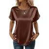 Zeagoo Satin Blouse for Women Business Casual Outfit Short Sleeve Tops Crewneck Tshirt Silk Shirt Summer Clothes(Brown)