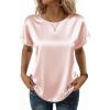 Zeagoo Satin Blouse for Women Business Casual Outfit Short Sleeve Tops Crewneck Tshirt Silk Shirt Summer Clothes(Champagne)