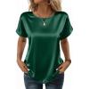 Zeagoo Satin Blouse for Women Business Casual Outfit Short Sleeve Tops Crewneck Tshirt Silk Shirt Summer Clothes(Green)