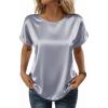 Zeagoo Satin Blouse for Women Business Casual Outfit Short Sleeve Tops Crewneck Tshirt Silk Shirt Summer Clothes(Light Grey)