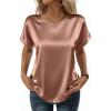 Zeagoo Satin Blouse for Women Business Casual Outfit Short Sleeve Tops Crewneck Tshirt Silk Shirt Summer Clothes(Light Khaki)