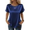 Zeagoo Satin Blouse for Women Business Casual Outfit Short Sleeve Tops Crewneck Tshirt Silk Shirt Summer Clothes(Navy Blue)