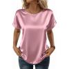 Zeagoo Satin Blouse for Women Business Casual Outfit Short Sleeve Tops Crewneck Tshirt Silk Shirt Summer Clothes(Pink)