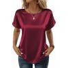 Zeagoo Satin Blouse for Women Business Casual Outfit Short Sleeve Tops Crewneck Tshirt Silk Shirt Summer Clothes(Wine Red)