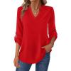 Zeagoo Womens Roll Up Long Sleeve Tops V Neck Shirts Dressy Casual Work Blouses S-2XL(Red)