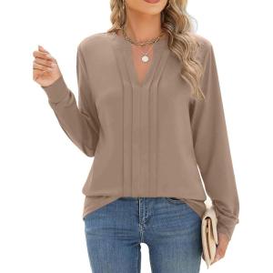 ZEAGOO Womens Spring Tops Henley V Neck Shirts Long Sleeve Pleated Blouses Dressy Casual Tunic 2026 Basic Tees(Apricot)