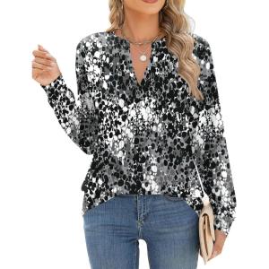 ZEAGOO Womens Spring Tops Henley V Neck Shirts Long Sleeve Pleated Blouses Dressy Casual Tunic 2026 Basic Tees(Black White Gray)