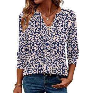 ZEAGOO Womens Spring Tops Henley V Neck Shirts Long Sleeve Pleated Blouses Dressy Casual Tunic 2026 Basic Tees(Blue Pink Floral)