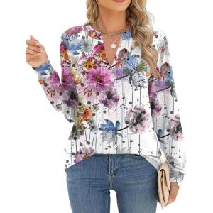 ZEAGOO Womens Spring Tops Henley V Neck Shirts Long Sleeve Pleated Blouses Dressy Casual Tunic 2026 Basic Tees(Colorful)