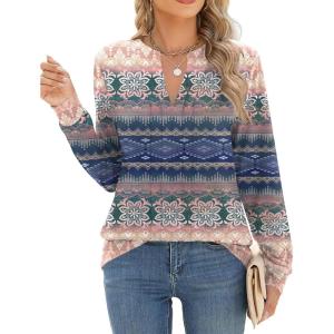 ZEAGOO Womens Spring Tops Henley V Neck Shirts Long Sleeve Pleated Blouses Dressy Casual Tunic 2026 Basic Tees(Gradient Pink Blue)