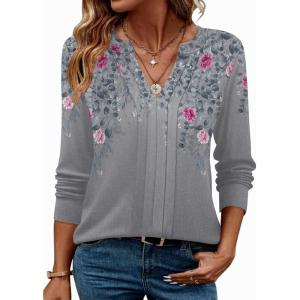 ZEAGOO Womens Spring Tops Henley V Neck Shirts Long Sleeve Pleated Blouses Dressy Casual Tunic 2026 Basic Tees(Grey Pink)