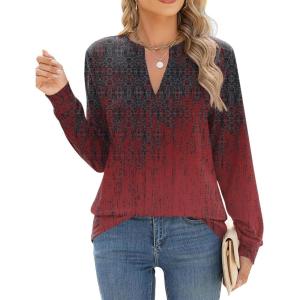ZEAGOO Womens Spring Tops Henley V Neck Shirts Long Sleeve Pleated Blouses Dressy Casual Tunic 2026 Basic Tees(Grey Red Print)