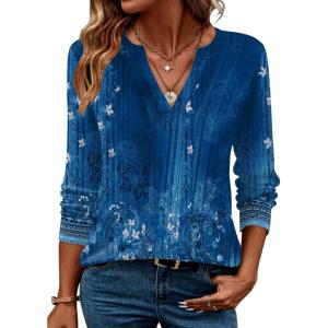 ZEAGOO Womens Spring Tops Henley V Neck Shirts Long Sleeve Pleated Blouses Dressy Casual Tunic 2026 Basic Tees(Navy Floral)