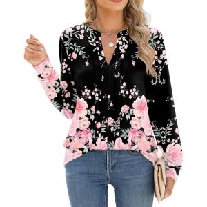 ZEAGOO Womens Spring Tops Henley V Neck Shirts Long Sleeve Pleated Blouses Dressy Casual Tunic 2026 Basic Tees(Pink Black)