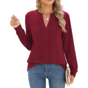 ZEAGOO Womens Spring Tops Henley V Neck Shirts Long Sleeve Pleated Blouses Dressy Casual Tunic 2026 Basic Tees(Red)