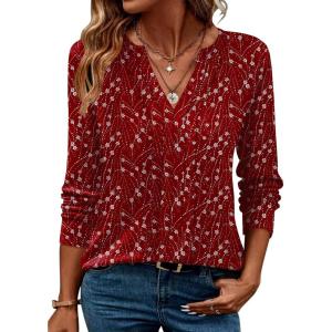 ZEAGOO Womens Spring Tops Henley V Neck Shirts Long Sleeve Pleated Blouses Dressy Casual Tunic 2026 Basic Tees(Red White)