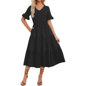 ZEAGOO Women’s Summer Dresses Midi Tiered Casual Dress Floral V Neck Ruffle Short Sleeve Flowy Beach Dress with Pockets(Black)