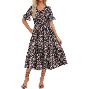 ZEAGOO Women’s Summer Dresses Midi Tiered Casual Dress Floral V Neck Ruffle Short Sleeve Flowy Beach Dress with Pockets(Black Pink Floral)