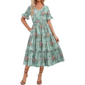 ZEAGOO Women’s Summer Dresses Midi Tiered Casual Dress Floral V Neck Ruffle Short Sleeve Flowy Beach Dress with Pockets(Blue Floral)