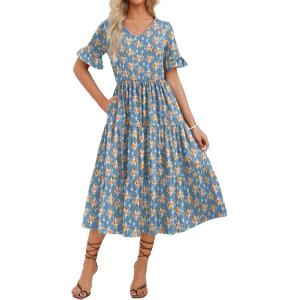 ZEAGOO Women’s Summer Dresses Midi Tiered Casual Dress Floral V Neck Ruffle Short Sleeve Flowy Beach Dress with Pockets(Blue Orange Floral)