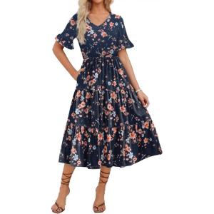 ZEAGOO Women’s Summer Dresses Midi Tiered Casual Dress Floral V Neck Ruffle Short Sleeve Flowy Beach Dress with Pockets(Navy Blue Floral)