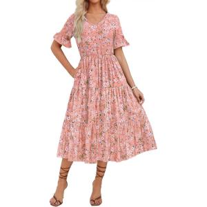 ZEAGOO Women’s Summer Dresses Midi Tiered Casual Dress Floral V Neck Ruffle Short Sleeve Flowy Beach Dress with Pockets(Pink Floral)