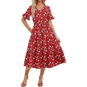 ZEAGOO Women’s Summer Dresses Midi Tiered Casual Dress Floral V Neck Ruffle Short Sleeve Flowy Beach Dress with Pockets(Red Floral)