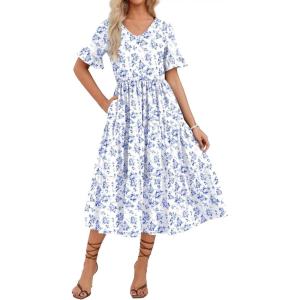 ZEAGOO Women’s Summer Dresses Midi Tiered Casual Dress Floral V Neck Ruffle Short Sleeve Flowy Beach Dress with Pockets(White Floral)
