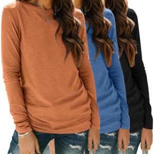 Zeagoo 3 Pack Long Sleeve Shirts for Women Casual Soft Crewneck Basic Tee Tops Fall Outfit Clothes(Black+blue+caramel)