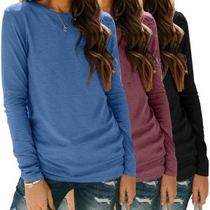 Zeagoo 3 Pack Long Sleeve Shirts for Women Casual Soft Crewneck Basic Tee Tops Fall Outfit Clothes(Black+blue+maroon)