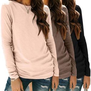 Zeagoo 3 Pack Long Sleeve Shirts for Women Casual Soft Crewneck Basic Tee Tops Fall Outfit Clothes(Black+brown+cream)