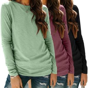 Zeagoo 3 Pack Long Sleeve Shirts for Women Casual Soft Crewneck Basic Tee Tops Fall Outfit Clothes(Black+light Green+maroon)