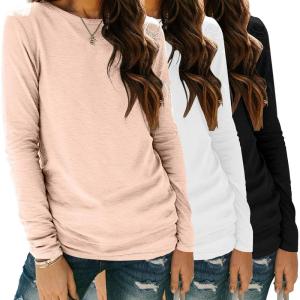 Zeagoo 3 Pack Long Sleeve Shirts for Women Casual Soft Crewneck Basic Tee Tops Fall Outfit Clothes(Black+white+cream)