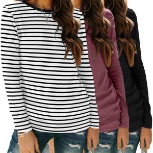 Zeagoo 3 Pack Long Sleeve Shirts for Women Casual Soft Crewneck Basic Tee Tops Fall Outfit Clothes(Stripe Black+black+maroon)