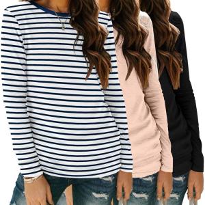 Zeagoo 3 Pack Long Sleeve Shirts for Women Casual Soft Crewneck Basic Tee Tops Fall Outfit Clothes(Stripe Navy+black+cream)