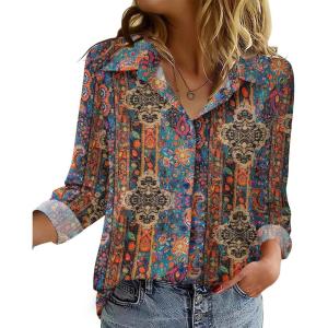 Zeagoo Blouse for Women Dressy Long Sleeve Button Down Shirts Business Casual Outfit Lightweight Solid/Printed Tops(Boho Multicolor 721)