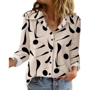 Zeagoo Blouse for Women Dressy Long Sleeve Button Down Shirts Business Casual Outfit Lightweight Solid/Printed Tops(Geometric Beige 602)