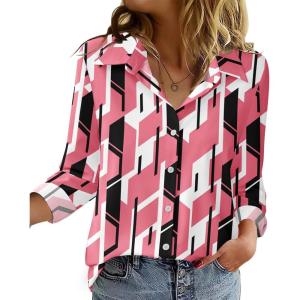 Zeagoo Blouse for Women Dressy Long Sleeve Button Down Shirts Business Casual Outfit Lightweight Solid/Printed Tops(Geometric Pink 603)
